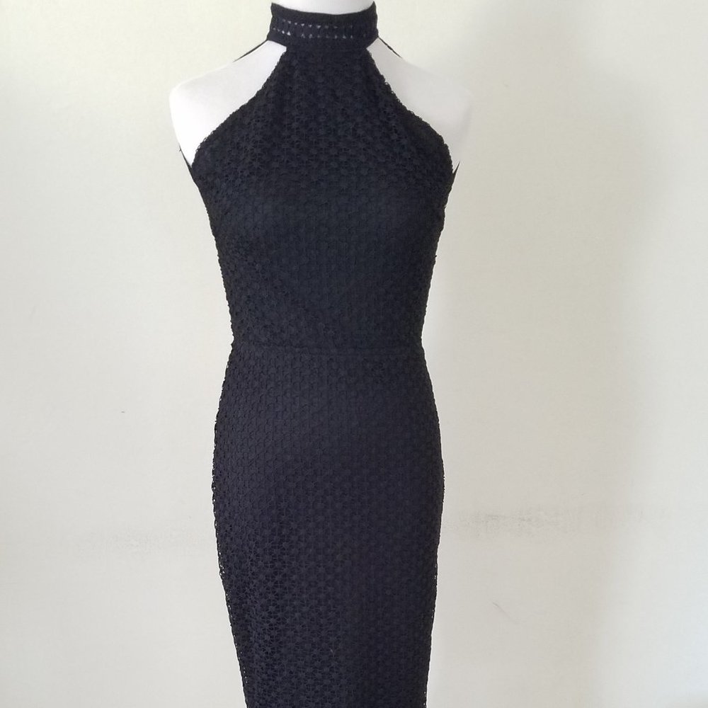 (NWT) PrettyLittleThing - Kymmie Blk Premium Lace High Neck Midi Dress-Size: 8UK